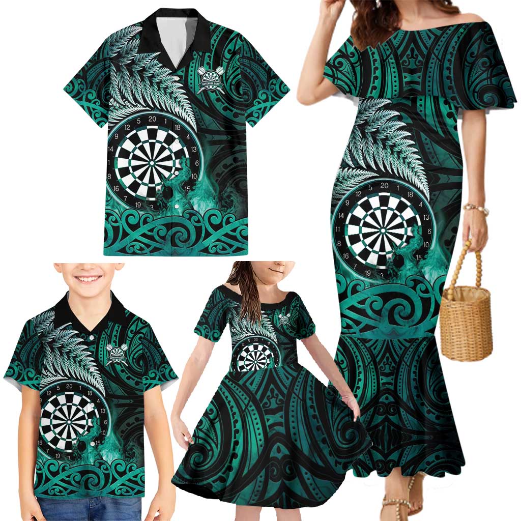 Personalised New Zealand Darts Family Matching Mermaid Dress and Hawaiian Shirt Maori Koru Dartboard Turquoise Flame