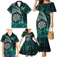 Personalised New Zealand Darts Family Matching Mermaid Dress and Hawaiian Shirt Maori Koru Dartboard Turquoise Flame