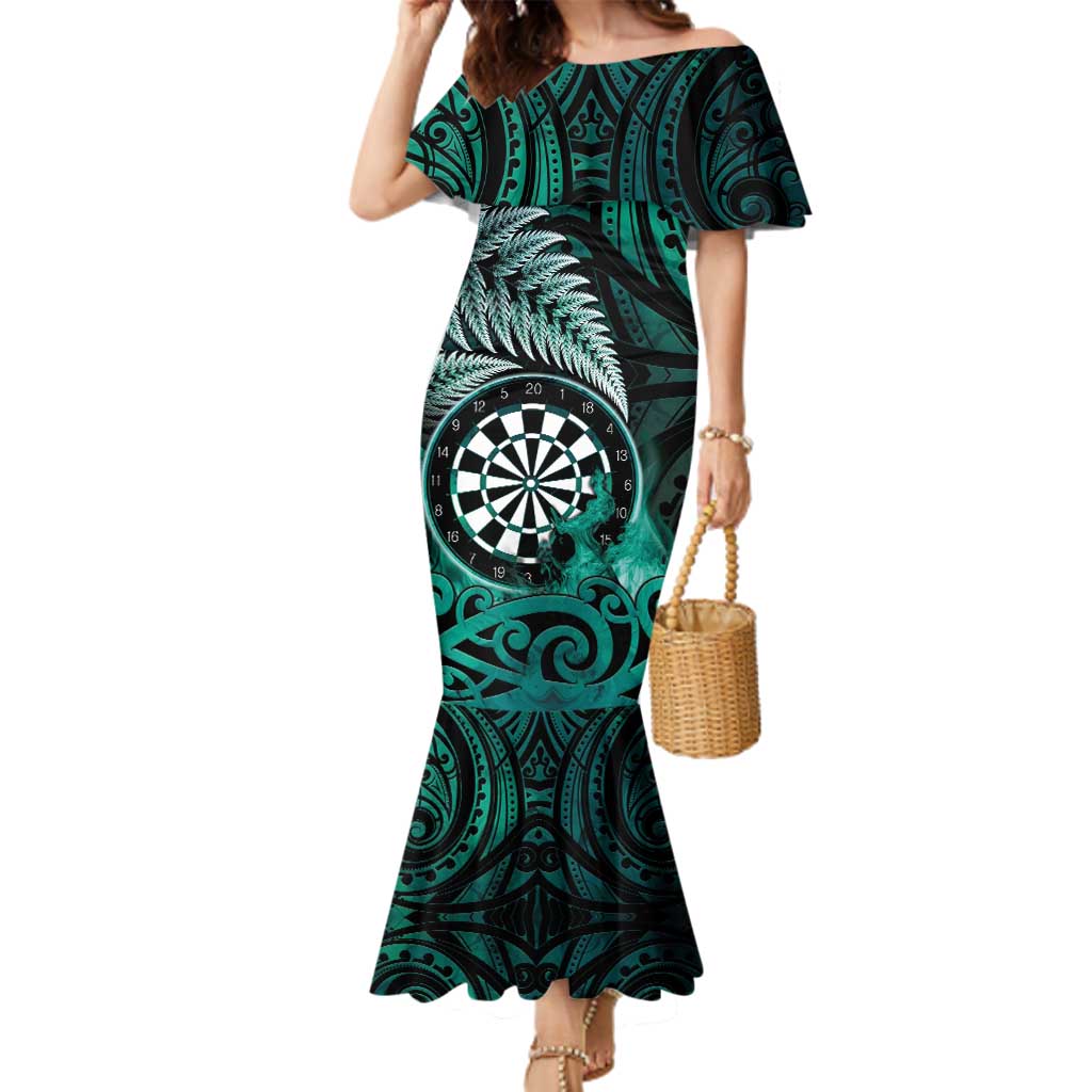 Personalised New Zealand Darts Family Matching Mermaid Dress and Hawaiian Shirt Maori Koru Dartboard Turquoise Flame