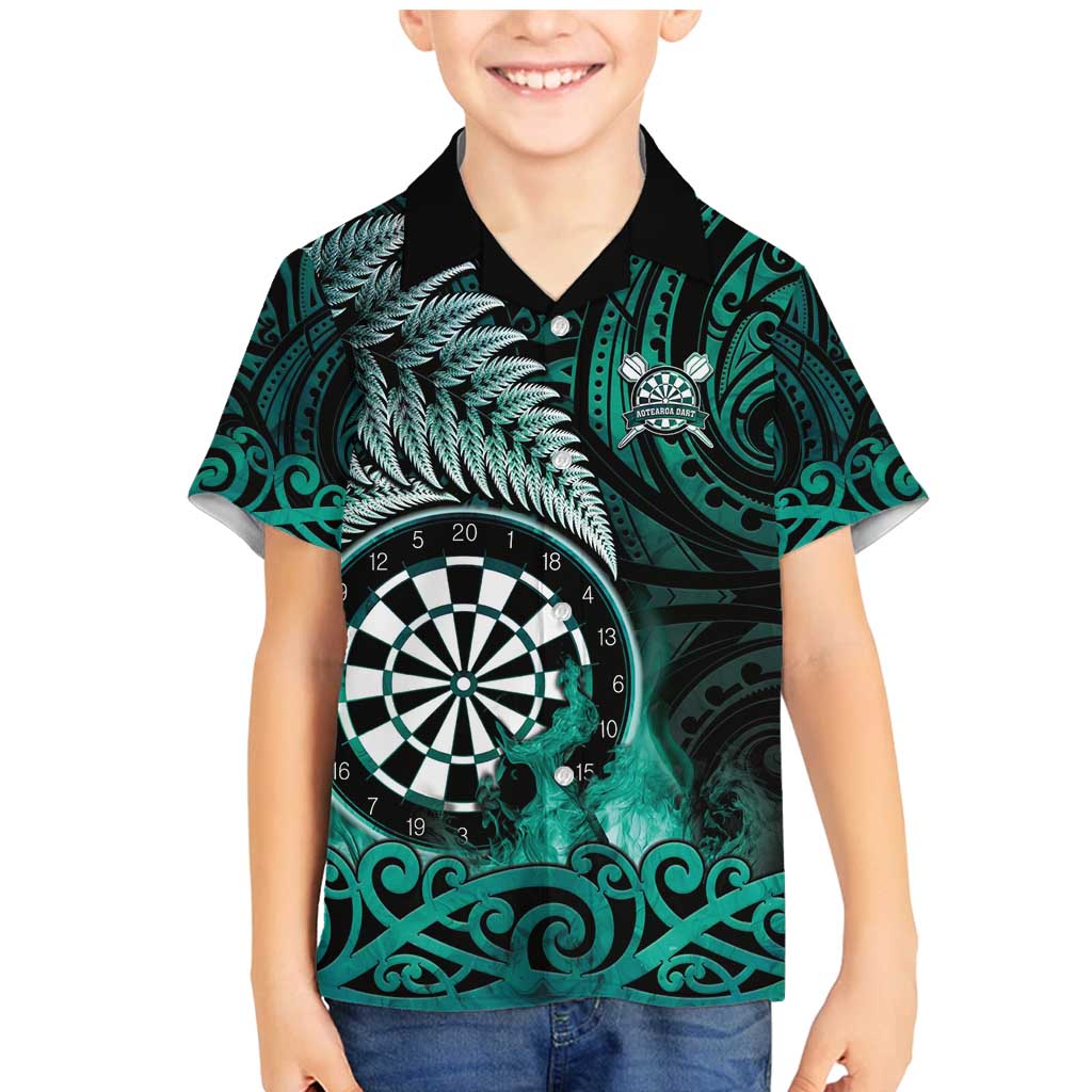 Personalised New Zealand Darts Family Matching Mermaid Dress and Hawaiian Shirt Maori Koru Dartboard Turquoise Flame