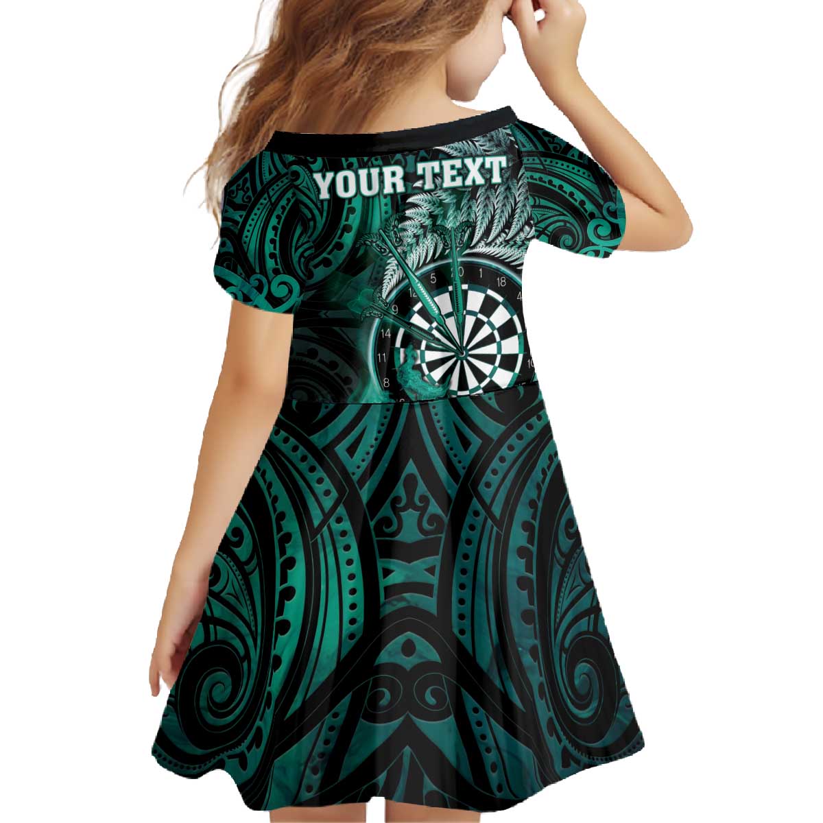 Personalised New Zealand Darts Family Matching Off The Shoulder Long Sleeve Dress and Hawaiian Shirt Maori Koru Dartboard Turquoise Flame