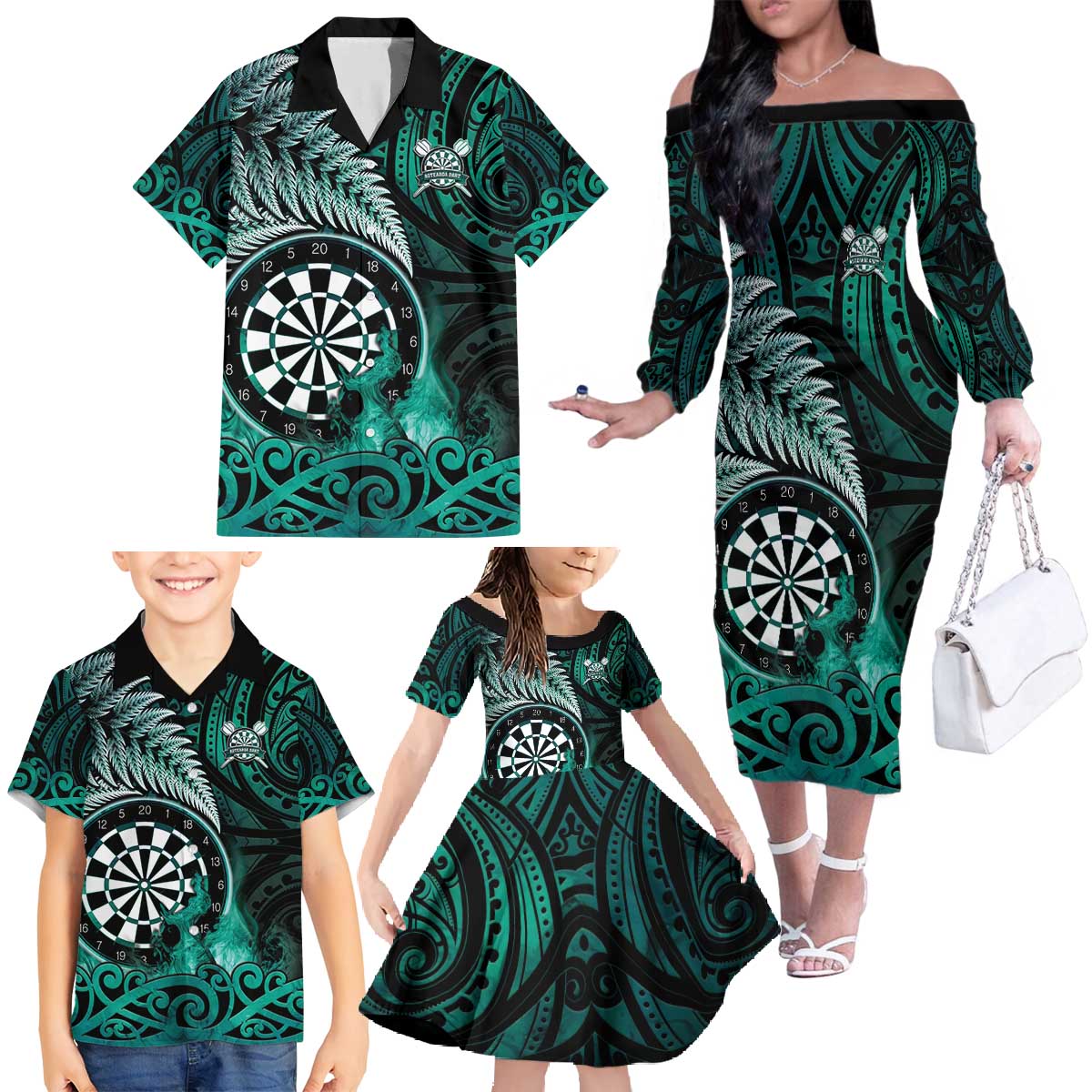 Personalised New Zealand Darts Family Matching Off The Shoulder Long Sleeve Dress and Hawaiian Shirt Maori Koru Dartboard Turquoise Flame