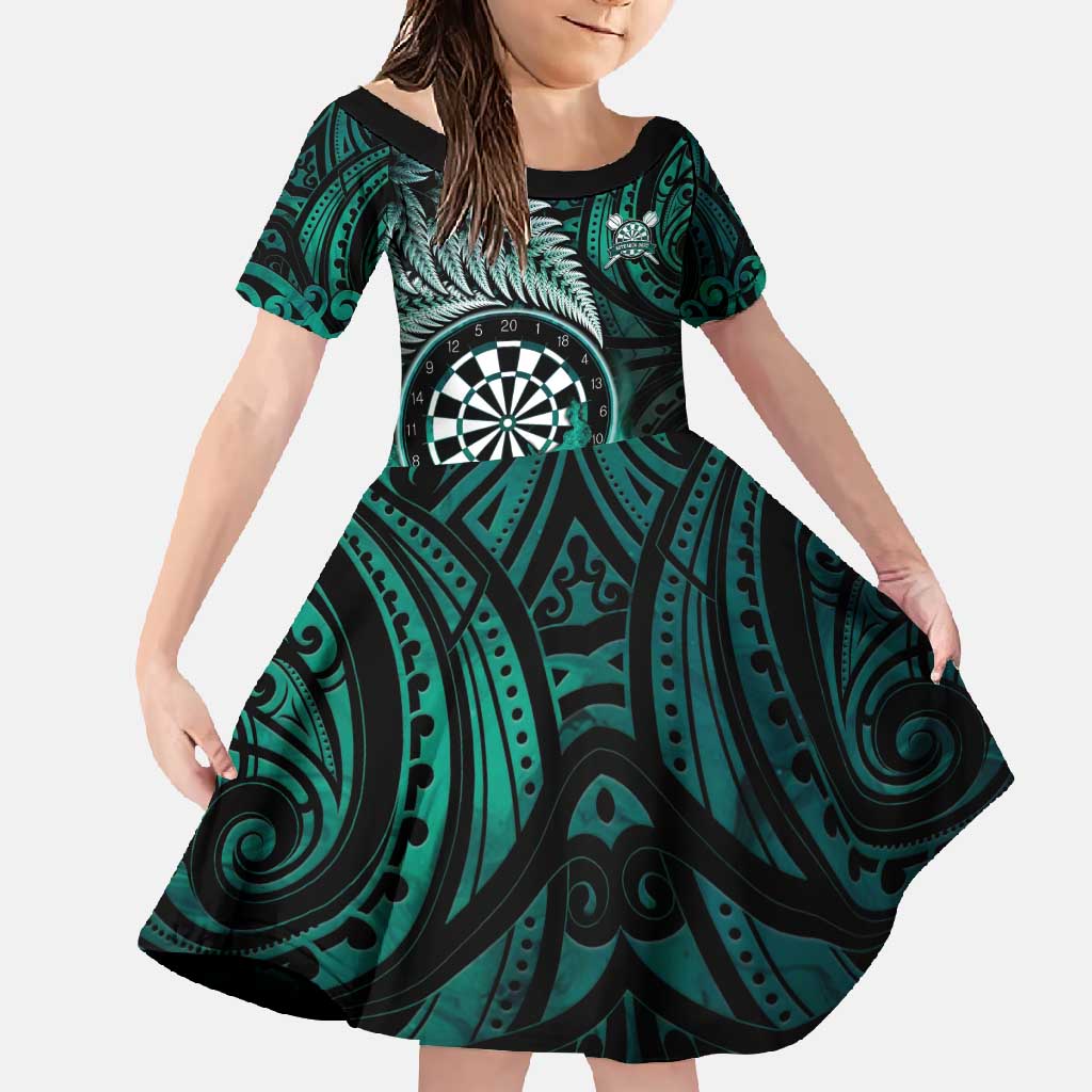 Personalised New Zealand Darts Family Matching Off Shoulder Maxi Dress and Hawaiian Shirt Maori Koru Dartboard Turquoise Flame