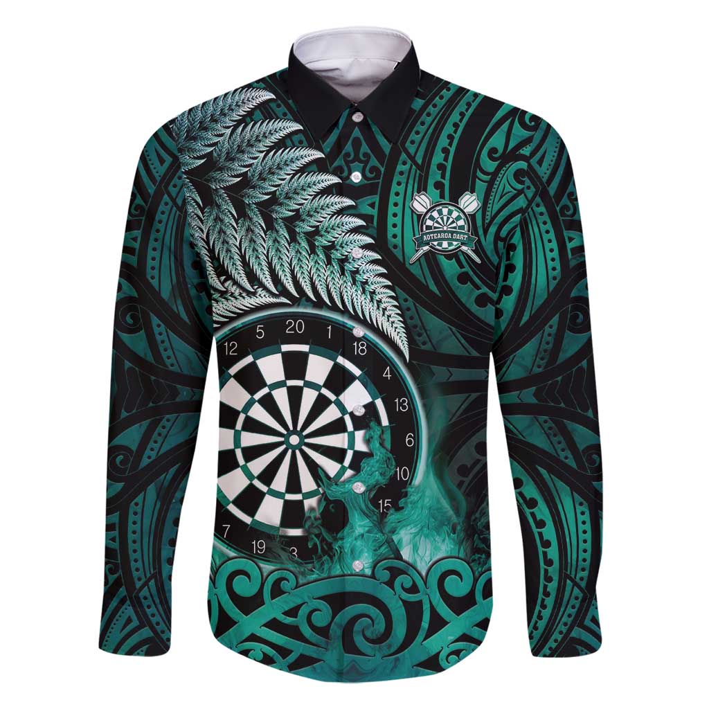 Personalised New Zealand Darts Family Matching Off Shoulder Maxi Dress and Hawaiian Shirt Maori Koru Dartboard Turquoise Flame