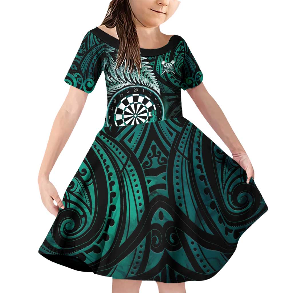 Personalised New Zealand Darts Family Matching Off Shoulder Short Dress and Hawaiian Shirt Maori Koru Dartboard Turquoise Flame