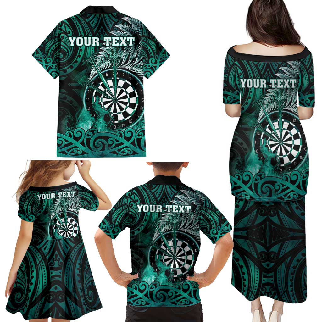 Personalised New Zealand Darts Family Matching Puletasi and Hawaiian Shirt Maori Koru Dartboard Turquoise Flame