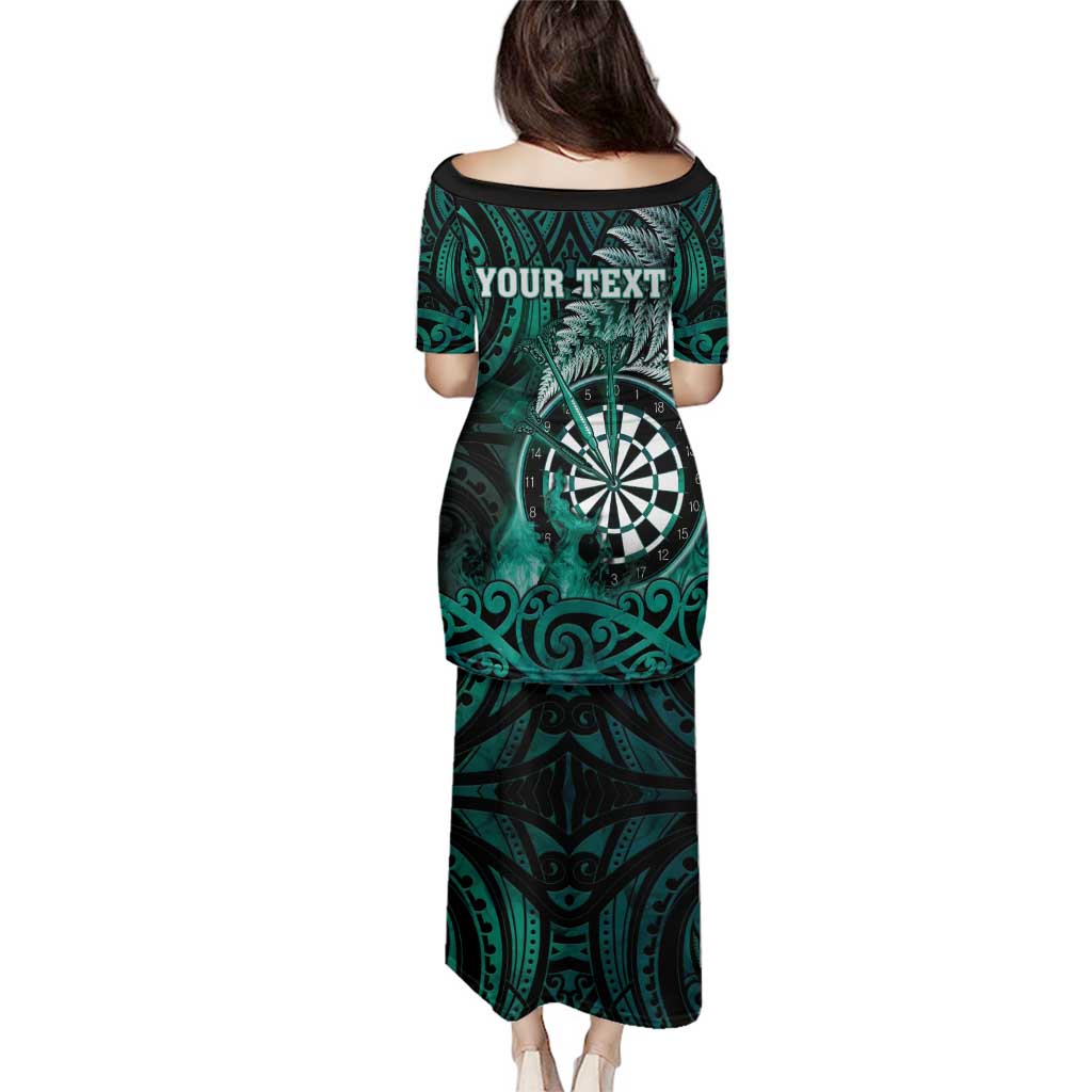 Personalised New Zealand Darts Family Matching Puletasi and Hawaiian Shirt Maori Koru Dartboard Turquoise Flame