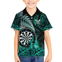 Personalised New Zealand Darts Family Matching Puletasi and Hawaiian Shirt Maori Koru Dartboard Turquoise Flame