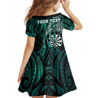 Personalised New Zealand Darts Family Matching Short Sleeve Bodycon Dress and Hawaiian Shirt Maori Koru Dartboard Turquoise Flame