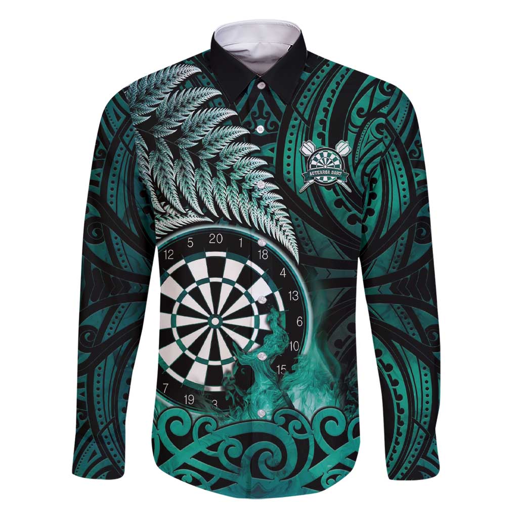 Personalised New Zealand Darts Family Matching Short Sleeve Bodycon Dress and Hawaiian Shirt Maori Koru Dartboard Turquoise Flame