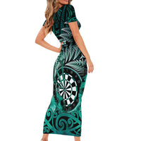 Personalised New Zealand Darts Family Matching Short Sleeve Bodycon Dress and Hawaiian Shirt Maori Koru Dartboard Turquoise Flame