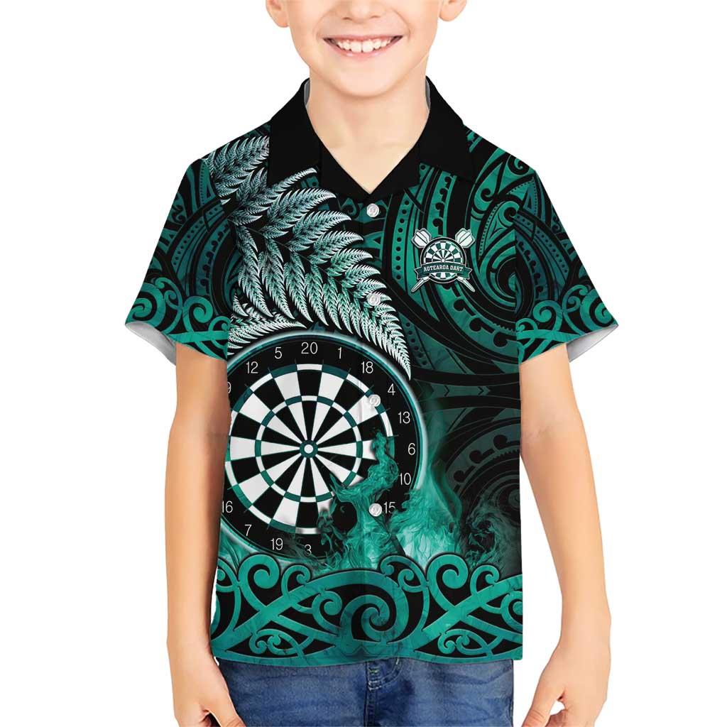 Personalised New Zealand Darts Family Matching Short Sleeve Bodycon Dress and Hawaiian Shirt Maori Koru Dartboard Turquoise Flame