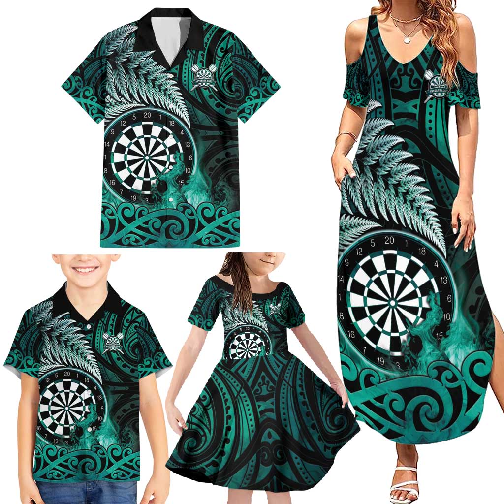 Personalised New Zealand Darts Family Matching Summer Maxi Dress and Hawaiian Shirt Maori Koru Dartboard Turquoise Flame