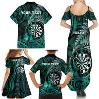 Personalised New Zealand Darts Family Matching Summer Maxi Dress and Hawaiian Shirt Maori Koru Dartboard Turquoise Flame
