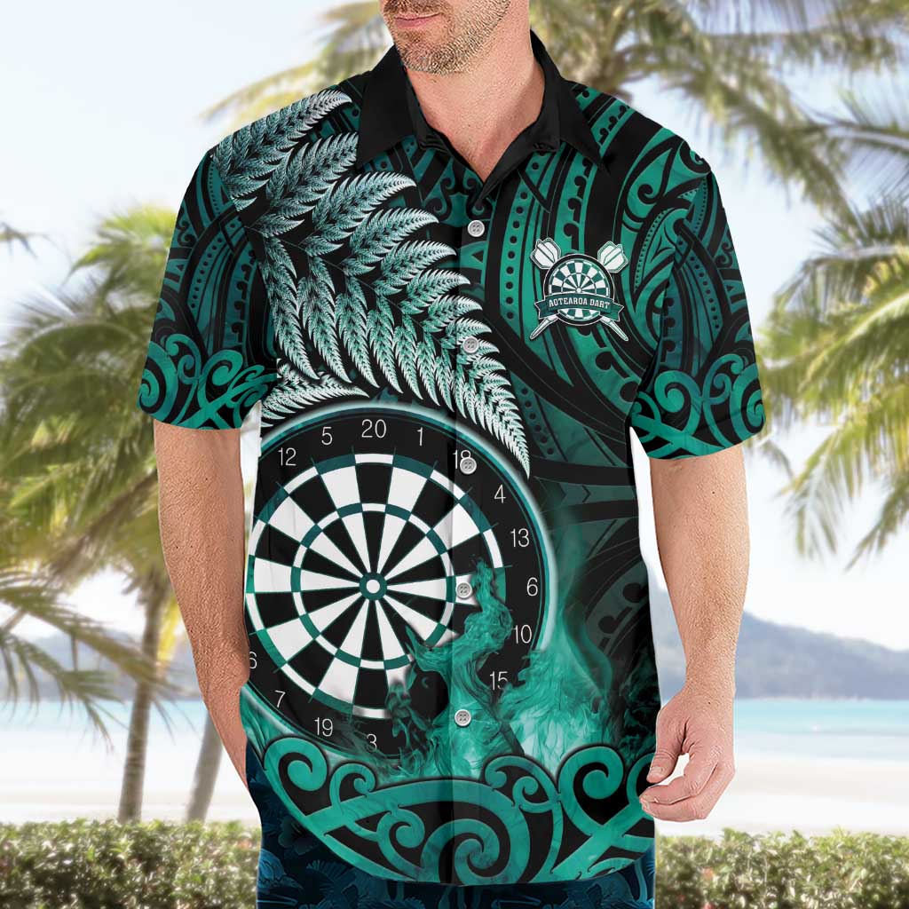 Personalised New Zealand Darts Hawaiian Shirt Maori Koru Dartboard Turquoise Flame