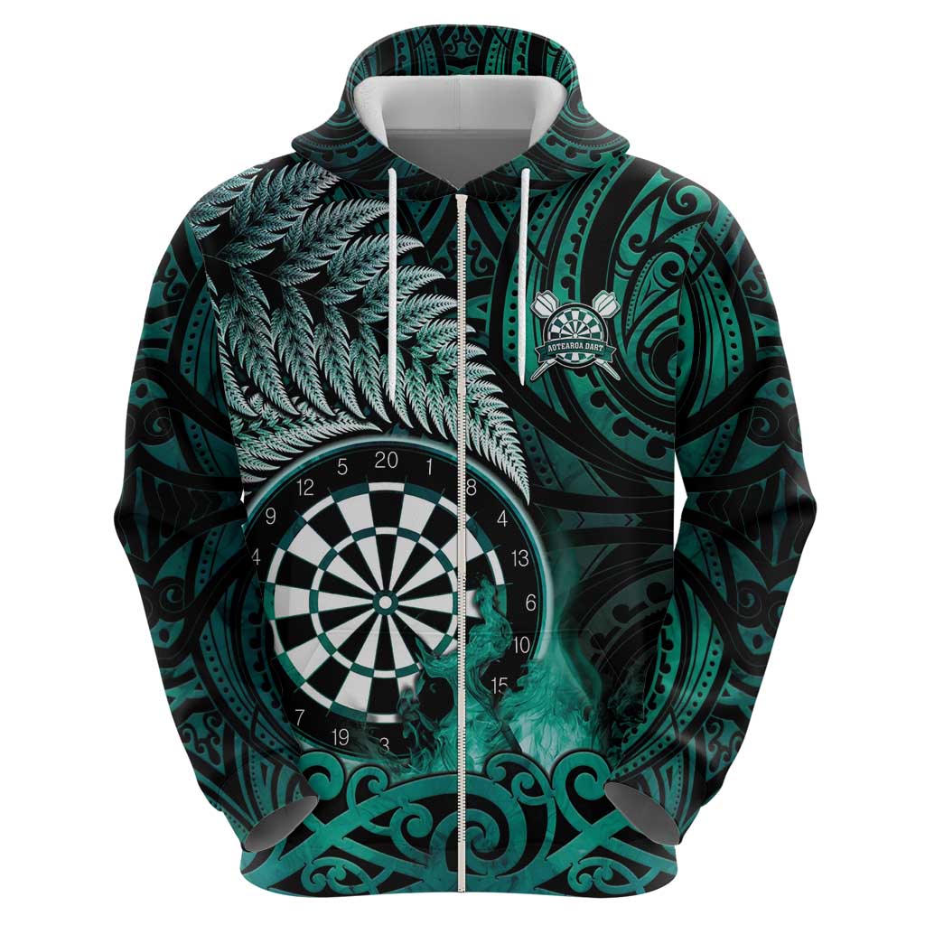 Personalised New Zealand Darts Hoodie Maori Koru Dartboard Turquoise Flame