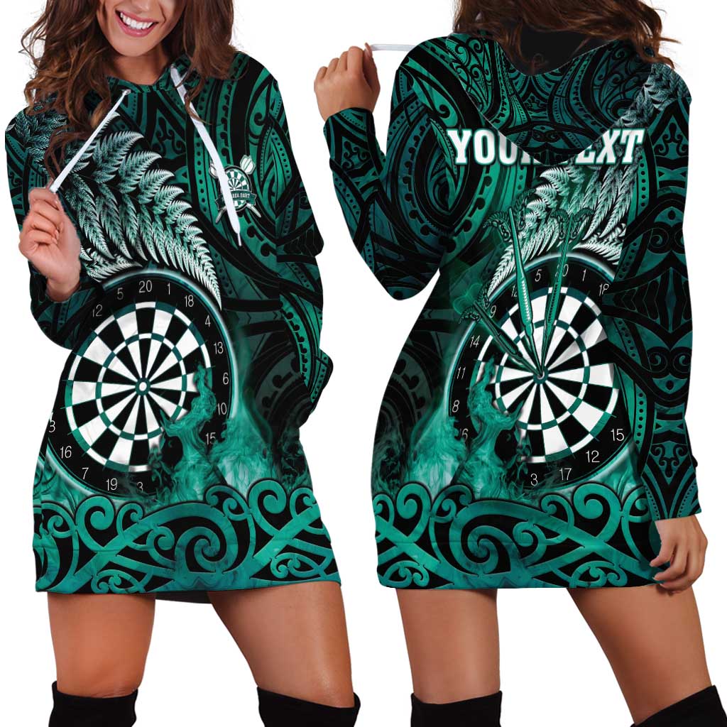 Personalised New Zealand Darts Hoodie Dress Maori Koru Dartboard Turquoise Flame