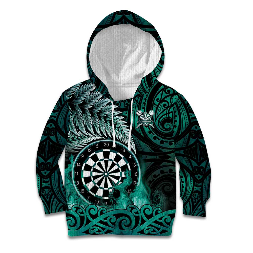 Personalised New Zealand Darts Kid Hoodie Maori Koru Dartboard Turquoise Flame