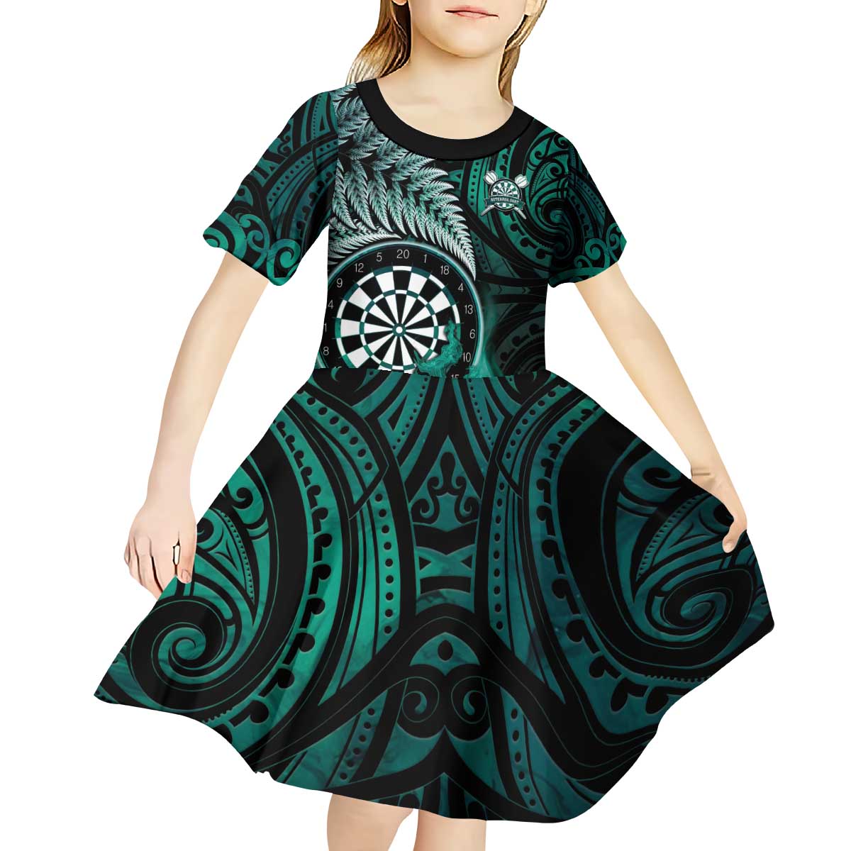 Personalised New Zealand Darts Kid Short Sleeve Dress Maori Koru Dartboard Turquoise Flame