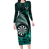 Personalised New Zealand Darts Long Sleeve Bodycon Dress Maori Koru Dartboard Turquoise Flame