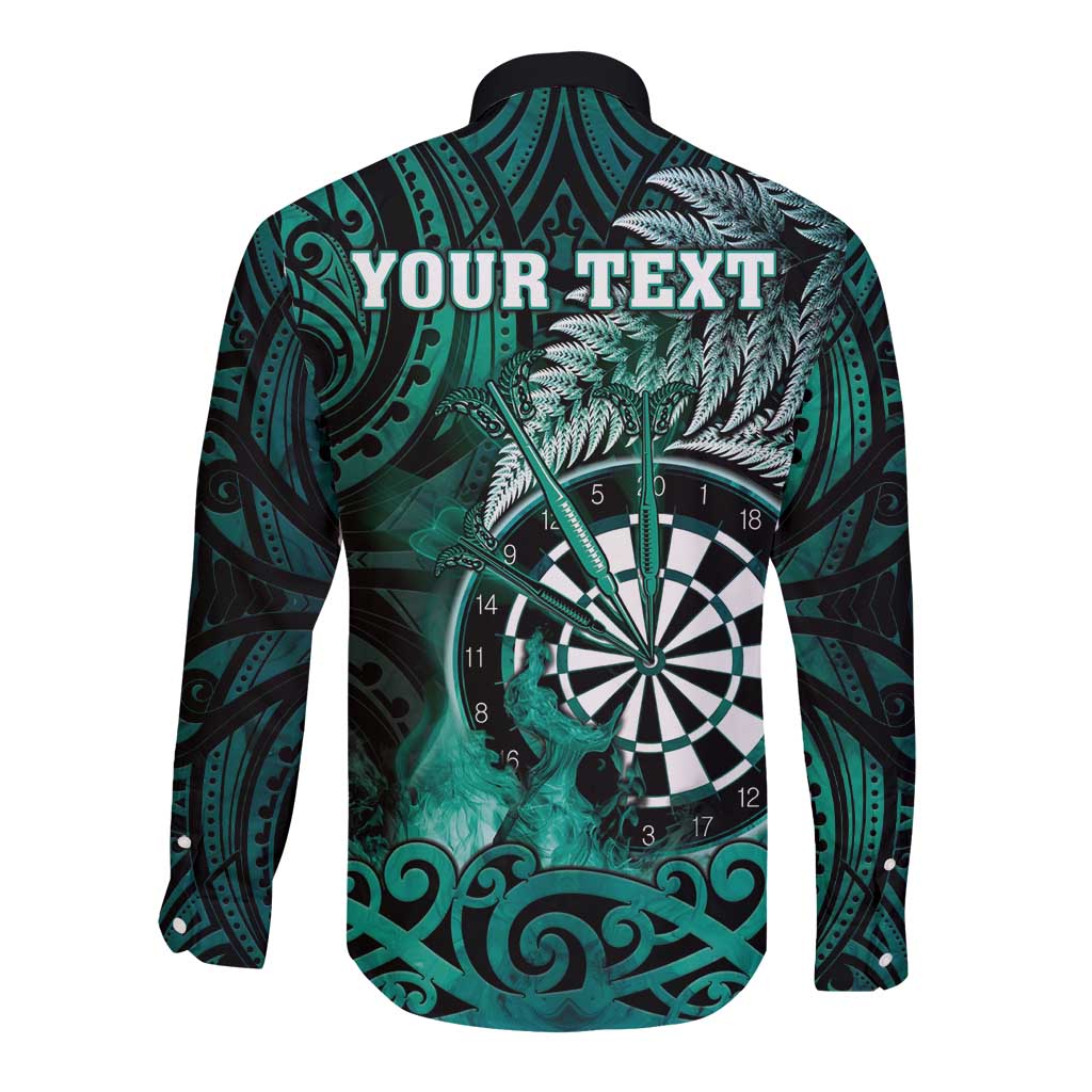 Personalised New Zealand Darts Long Sleeve Button Shirt Maori Koru Dartboard Turquoise Flame