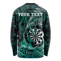Personalised New Zealand Darts Long Sleeve Shirt Maori Koru Dartboard Turquoise Flame