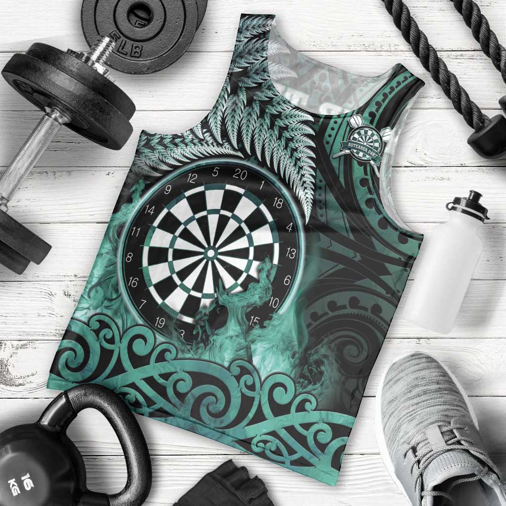 Personalised New Zealand Darts Men Tank Top Maori Koru Dartboard Turquoise Flame
