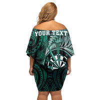 Personalised New Zealand Darts Off Shoulder Short Dress Maori Koru Dartboard Turquoise Flame