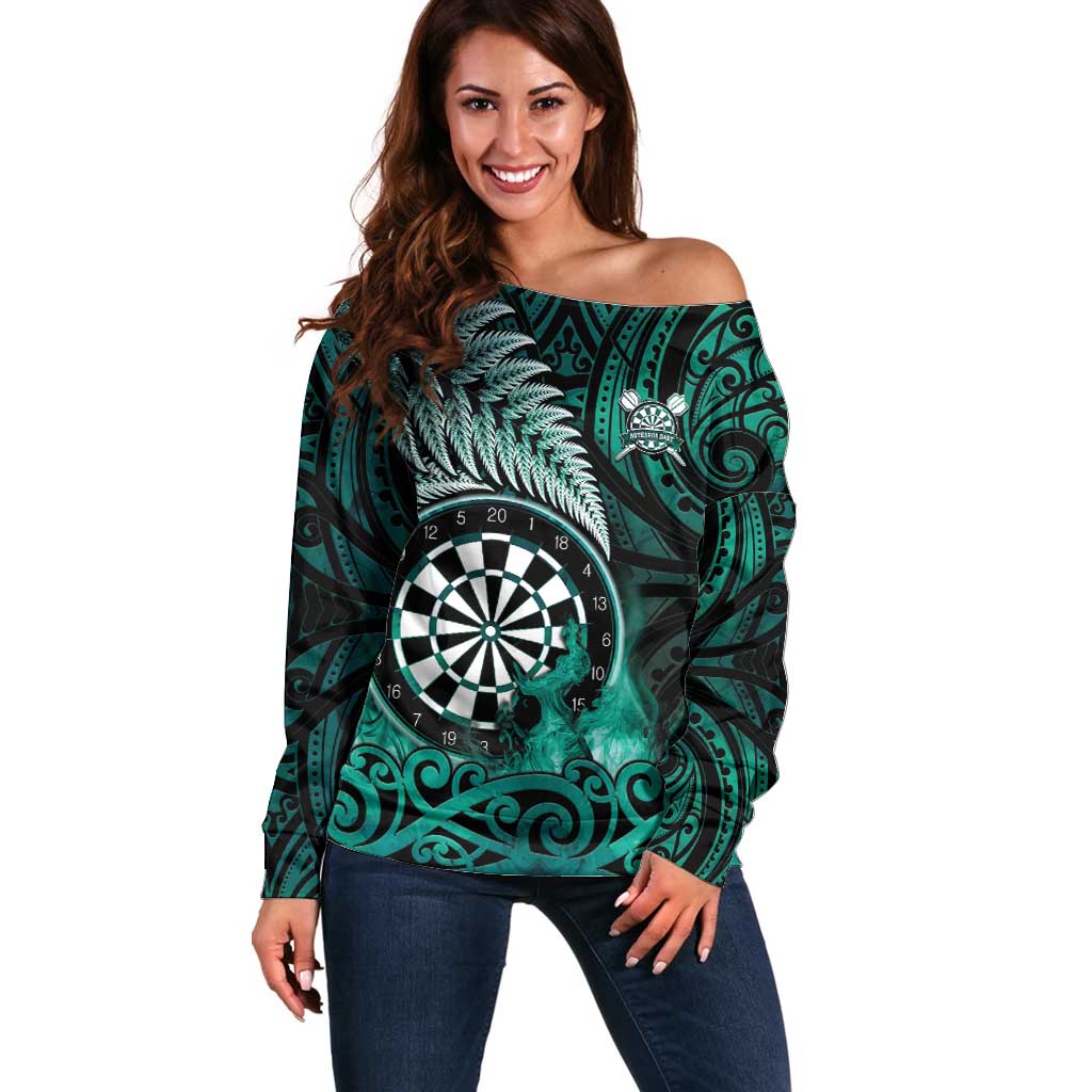 Personalised New Zealand Darts Off Shoulder Sweater Maori Koru Dartboard Turquoise Flame