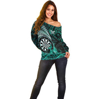 Personalised New Zealand Darts Off Shoulder Sweater Maori Koru Dartboard Turquoise Flame