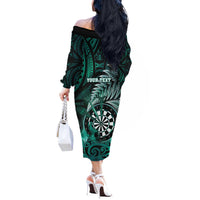 Personalised New Zealand Darts Off The Shoulder Long Sleeve Dress Maori Koru Dartboard Turquoise Flame