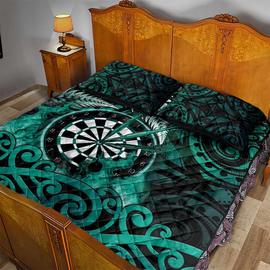 New Zealand Darts Quilt Bed Set Maori Koru Dartboard Turquoise Flame