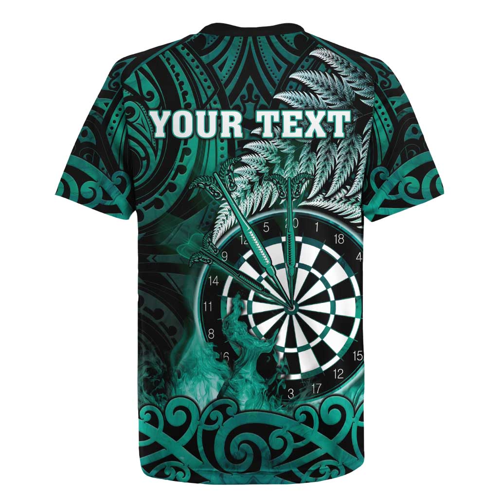 Personalised New Zealand Darts Rugby Jersey Maori Koru Dartboard Turquoise Flame