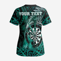 Personalised New Zealand Darts Scrub Top Maori Koru Dartboard Turquoise Flame - Polynesian Pride