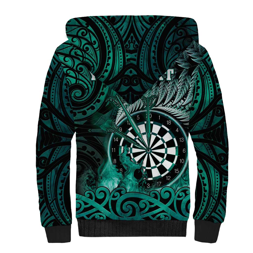 Personalised New Zealand Darts Sherpa Hoodie Maori Koru Dartboard Turquoise Flame