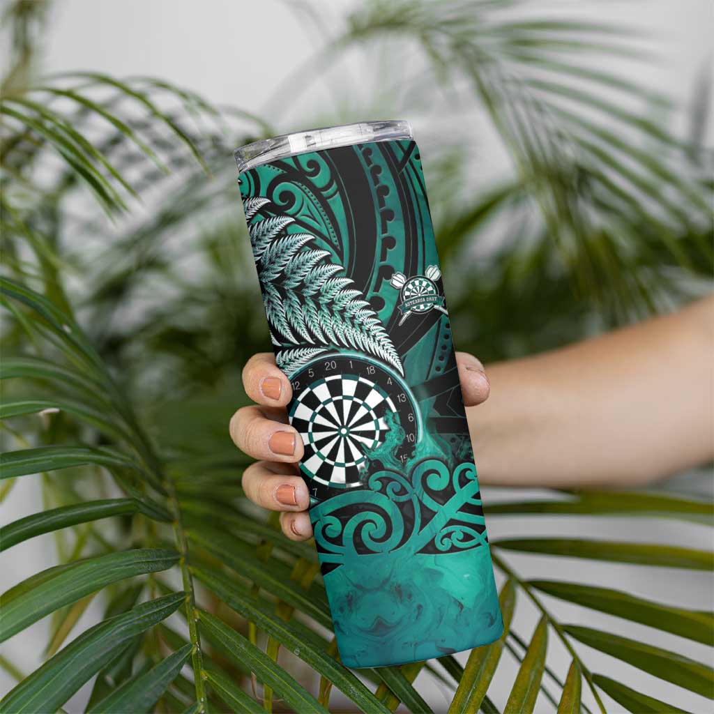 Personalised New Zealand Darts Skinny Tumbler Maori Koru Dartboard Turquoise Flame
