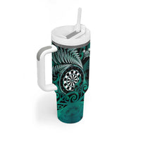 Personalised New Zealand Darts Tumbler With Handle Maori Koru Dartboard Turquoise Flame