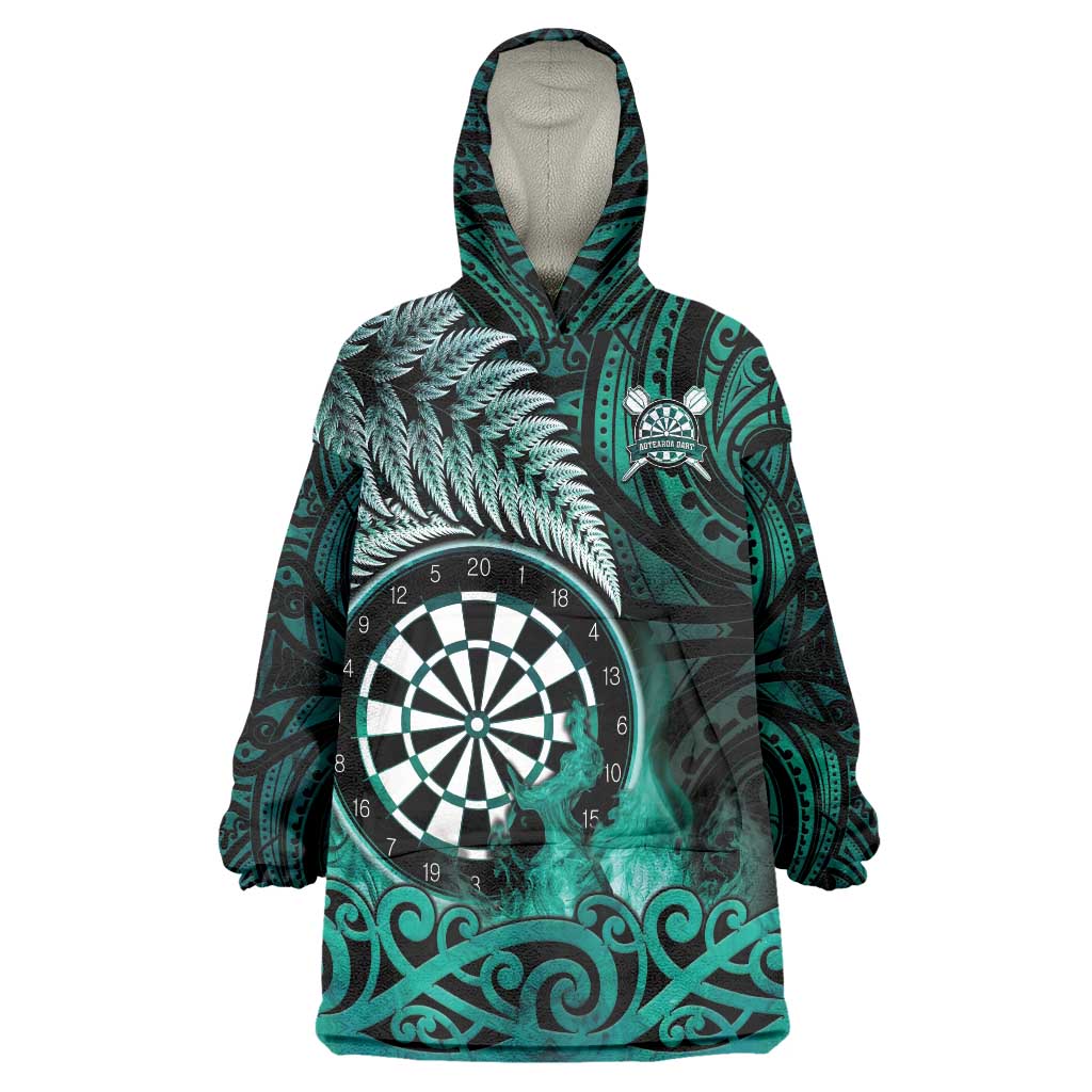 Personalised New Zealand Darts Wearable Blanket Hoodie Maori Koru Dartboard Turquoise Flame