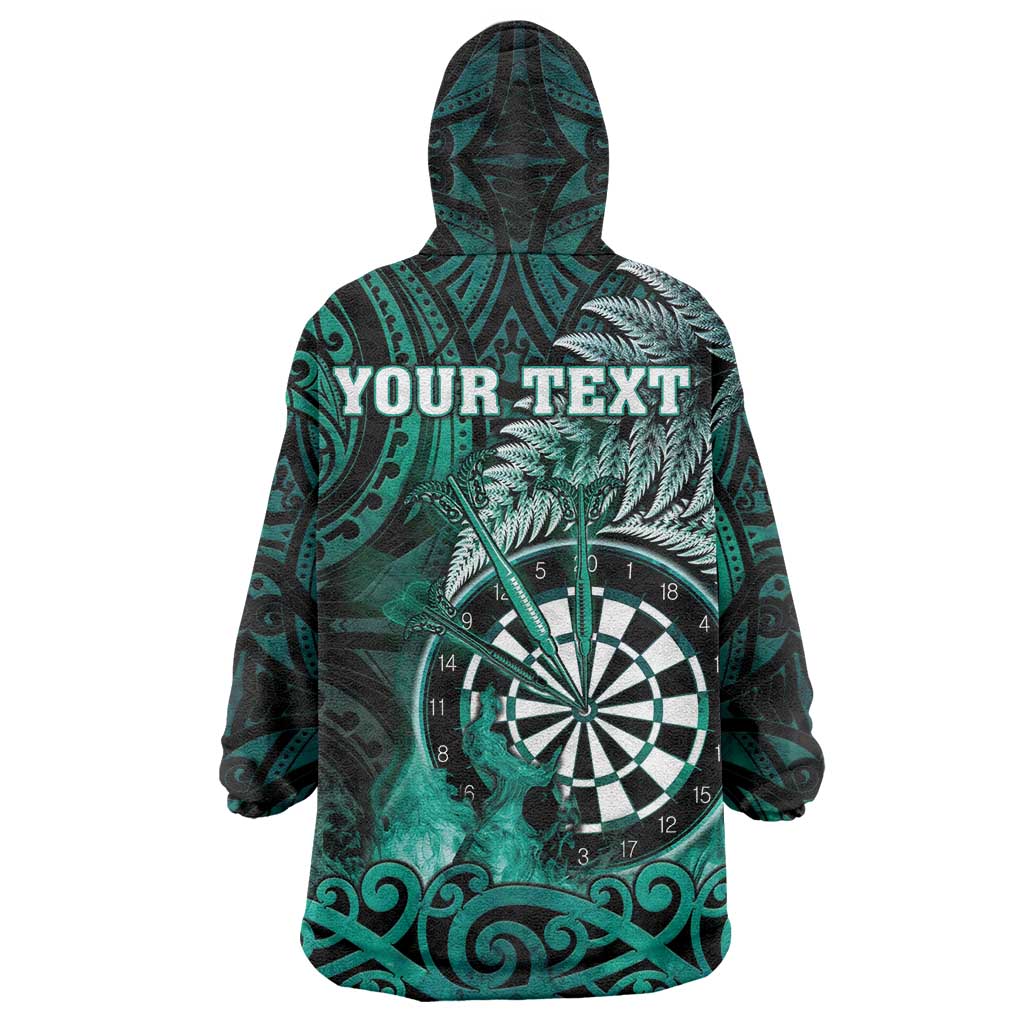 Personalised New Zealand Darts Wearable Blanket Hoodie Maori Koru Dartboard Turquoise Flame