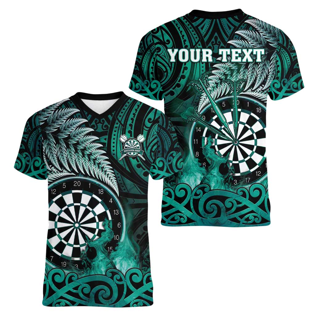 Personalised New Zealand Darts Women V-Neck T-Shirt Maori Koru Dartboard Turquoise Flame