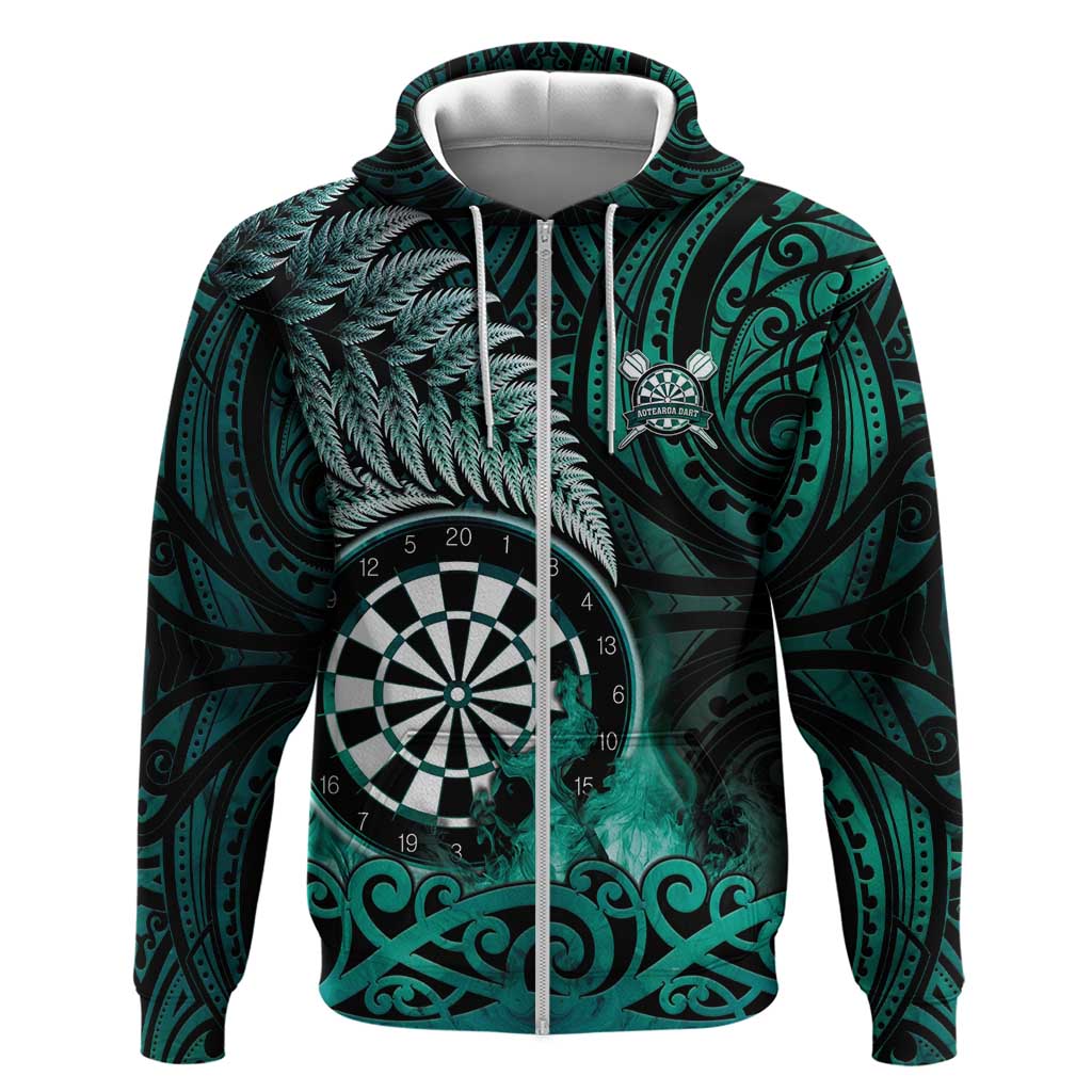 Personalised New Zealand Darts Zip Hoodie Maori Koru Dartboard Turquoise Flame
