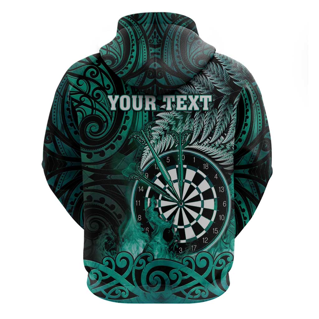 Personalised New Zealand Darts Zip Hoodie Maori Koru Dartboard Turquoise Flame