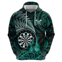 Personalised New Zealand Darts Zip Hoodie Maori Koru Dartboard Turquoise Flame