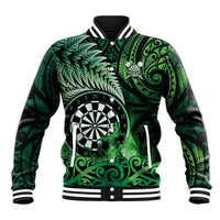 Personalised New Zealand Darts Baseball Jacket Maori Koru Dartboard Green Flame