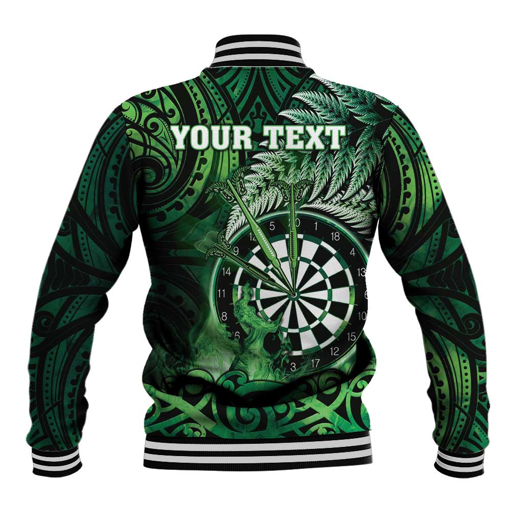 Personalised New Zealand Darts Baseball Jacket Maori Koru Dartboard Green Flame