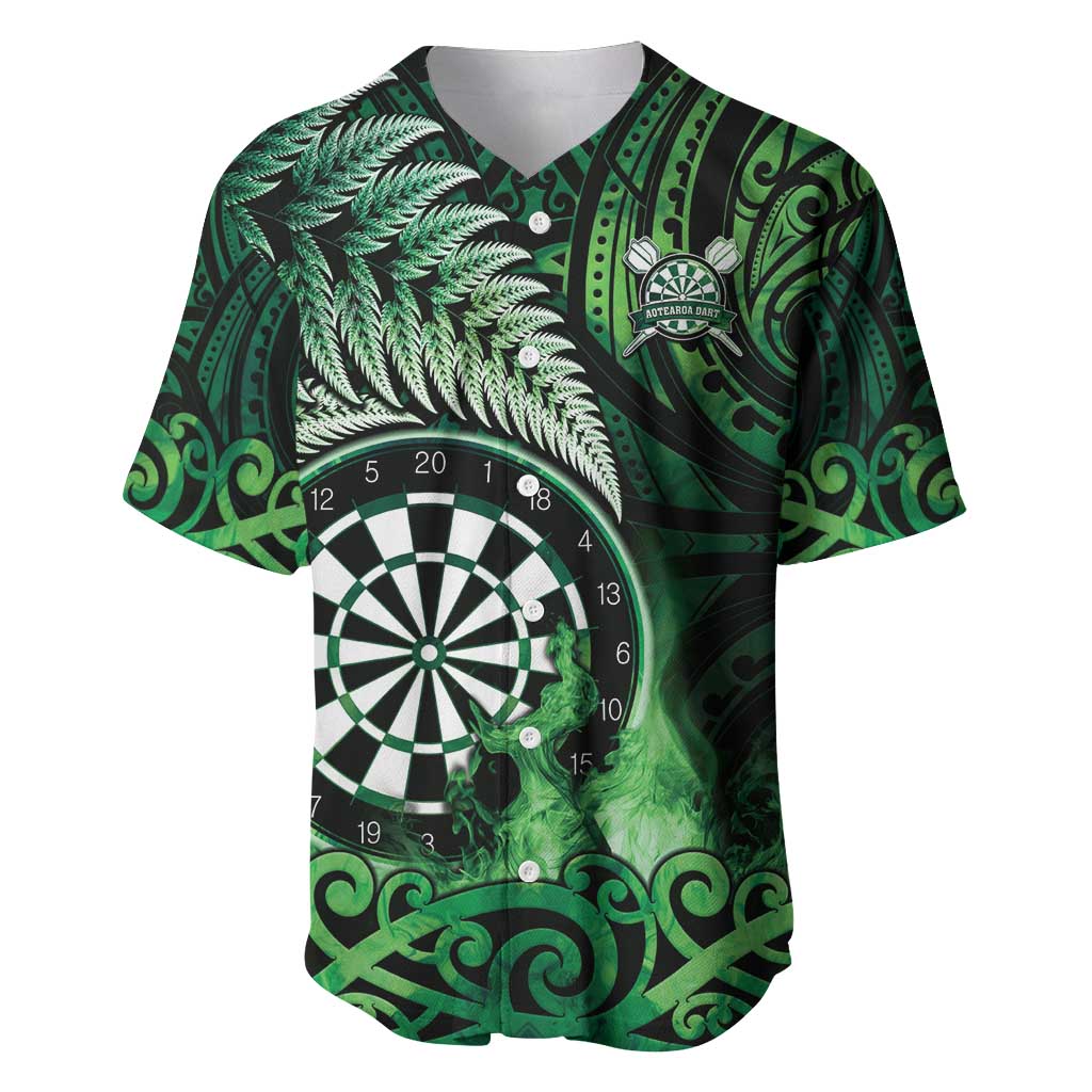 Personalised New Zealand Darts Baseball Jersey Maori Koru Dartboard Green Flame