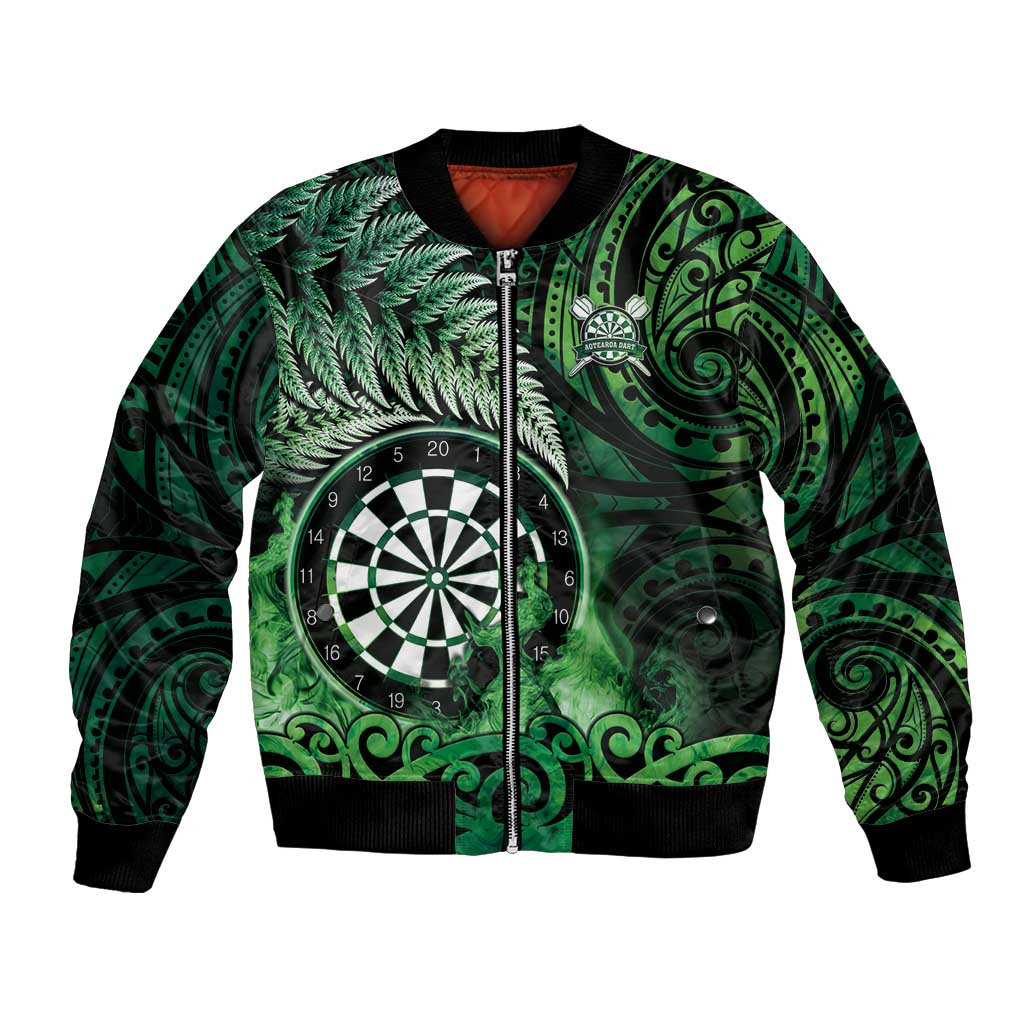 Personalised New Zealand Darts Bomber Jacket Maori Koru Dartboard Green Flame