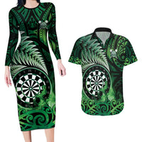 Personalised New Zealand Darts Couples Matching Long Sleeve Bodycon Dress and Hawaiian Shirt Maori Koru Dartboard Green Flame