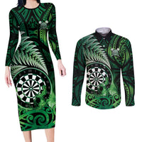 Personalised New Zealand Darts Couples Matching Long Sleeve Bodycon Dress and Long Sleeve Button Shirt Maori Koru Dartboard Green Flame