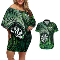 Personalised New Zealand Darts Couples Matching Off Shoulder Short Dress and Hawaiian Shirt Maori Koru Dartboard Green Flame